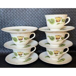 Crooksville Delmar Begonia La Grande 5 Coffee Cups And 6 Saucers 1940s 50s